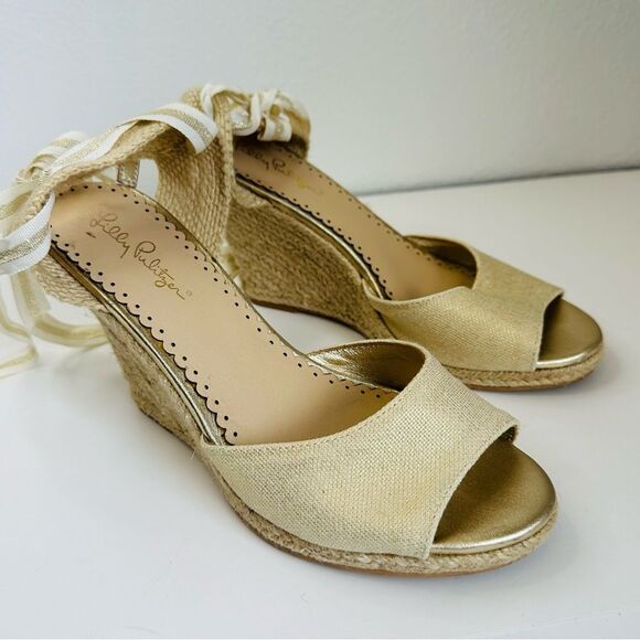 Lily Pulitzer Natural Gold Peep Toe Ankle Tie Up Straw Wedges Size 8 - Picture 1 of 7